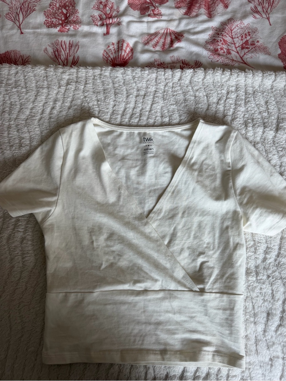 twik Cream Wrap-Front V-Neck Short Sleeve Top